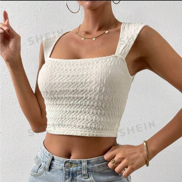 SHEIN Tops - Square neck textured beige cream white crop tank top sleeveless